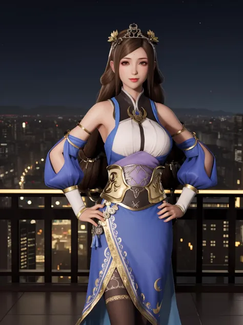 SGWScaiwenji, 1girl, solo, brown hair, long hair, brown eyes, detached sleeves, dress, pantyhose, tiara, bare shoulders, standing,breasts, looking at viewer,obi, <lora:SGWScaiwenji:0.75>,cityscape, night, looking at viewer, mature female, hand on hip, light smile,