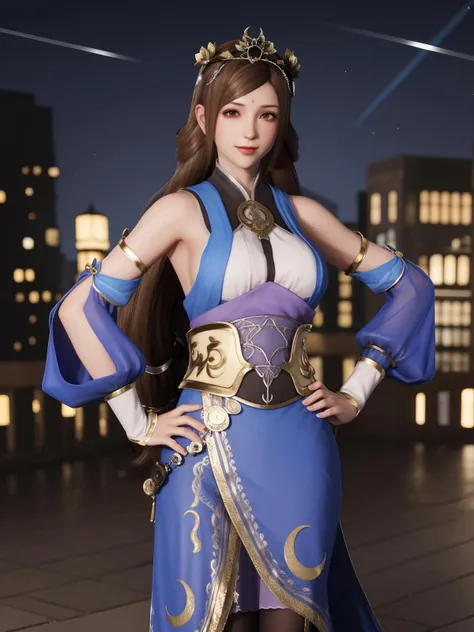 SGWScaiwenji, 1girl, solo, brown hair, long hair, brown eyes, detached sleeves, dress, pantyhose, tiara, bare shoulders, standing,breasts, looking at viewer,obi, <lora:SGWScaiwenji:0.75>,cityscape, night, looking at viewer, mature female, hand on hip, light smile,
