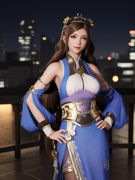 SGWScaiwenji, 1girl, solo, brown hair, long hair, brown eyes, detached sleeves, dress, pantyhose, tiara, bare shoulders, standing,breasts, looking at viewer,obi, <lora:SGWScaiwenji:0.75>,cityscape, night, looking at viewer, mature female, hand on hip, light smile,