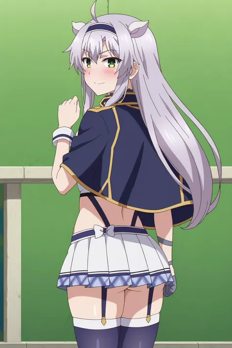 score_9, score_8_up, score_7_up, source anime, prefect lighting, very aesthetic, rating explicit, BREAK, anime screencap, anime coloring,
<lora:sistine_fibel_v1-pdv6:1>,1girl, sistine fibel, rokudenashi majutsu koushi to akashic record, green eyes, grey hair, ahoge, small breasts, long hair, blue hairband, fake animal ears, alzano school uniform, blue capelet, blue thighhighs, neck ribbon, choker, garter straps, single wrist cuff, single glove, uneven gloves, pleated skirt, suspender skirt, midriff,
blush, naughty face, sexy, looking at viewer,
BREAK, shiny skin, wide hips, thick thighs, from behind, looking back, twisted torso, shoulder blades, ass, looking at viewer, blush