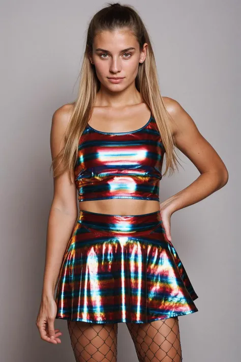 photograph of portrait, an 18-year-old-woman, [Lynn|Teresa], Light-Chestnut-hair, neutral, unemotional, relaxed, hair pulled back <lora:Crunchybanana_Rainbow_Top_Skirt:0.8> colourful shiny top, skirt, fishnet tights, olan mills photography