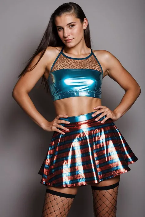 photograph of portrait, an 18-year-old-woman, senior portrait, [Michellle|Lisa], neutral, unemotional, relaxed, hair pulled back <lora:Crunchybanana_Rainbow_Top_Skirt:0.8> colourful shiny top, skirt, fishnet tights, olan mills photography