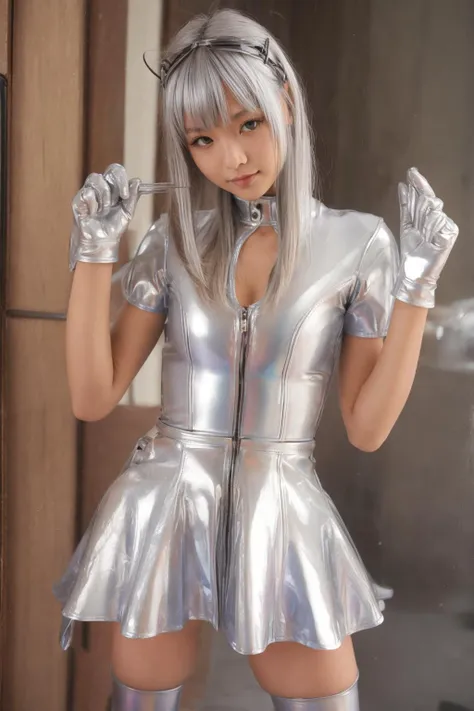 <lora:CrunchyBanana_PVC_Minidress:1>PVC Minidress, silver hair, bangs, gloves, iridescent, asian