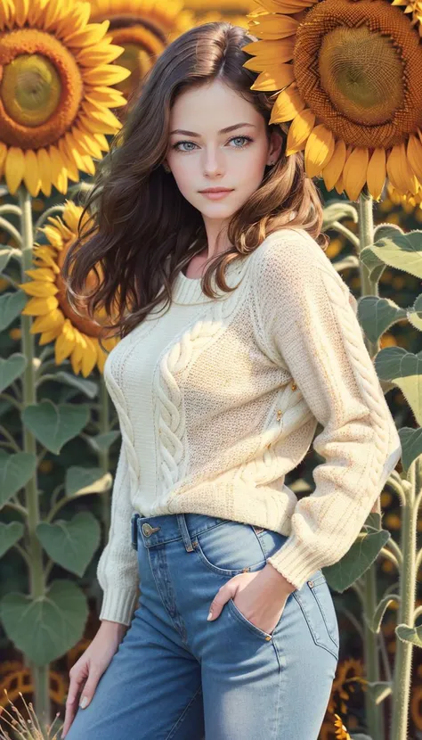 a perfect angle photo of a mature woman, macfoy, posing for the camera, wearing a sweater and denim pants, in a field filled with sunflowers, facing viewer, natural lighting, magazine cover, sharp focus, detailed, high quality, high resolution , <lora:macfoy1:0.8>