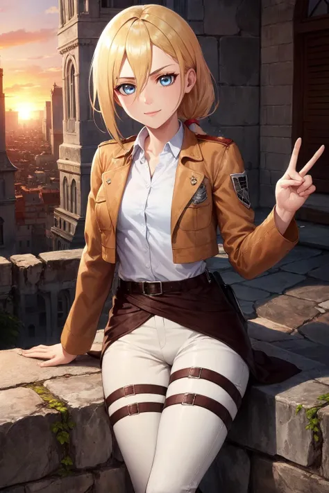 masterpiece, best quality, highres,
castle ruins, day, sunny, serious expression,
1girl, solo, looking at viewer, smile, sitting on the ground,
<lora:historia-reiss-10:0.9>, historia, christa renz, blonde hair, blue eyes, hair between eyes, short hair,  ponytail, official art,
jacket, brown jacket, emblem, belt, thigh strap, pants, white pants,  boots, shirt, white shirt, collared shirt,