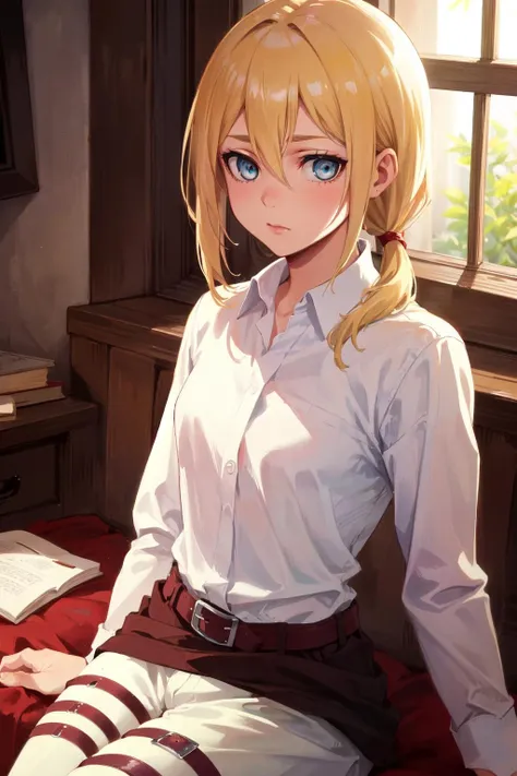 masterpiece, best quality, highres,
1girl, solo, looking at viewer, sitting,
<lora:historia-reiss-10:1>, historia, christa renz, blonde hair, blue eyes, hair between eyes, short hair, ponytail,
belt, thigh strap, pants, white pants, boots, shirt, white shirt, collared shirt