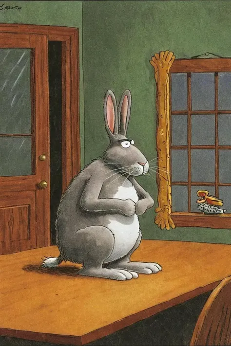 a color far side comic strip illustration of a Hare by Gary Larson, <lora:Gary_Larson_Style_XL_Color_Far_side-000005:1>