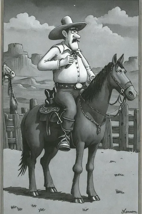 a black and white far side comic strip illustration of a cowboy, by Gary Larson,<lora:Gary_Larson_Style_XL_BW_Far_Side-000009:1>