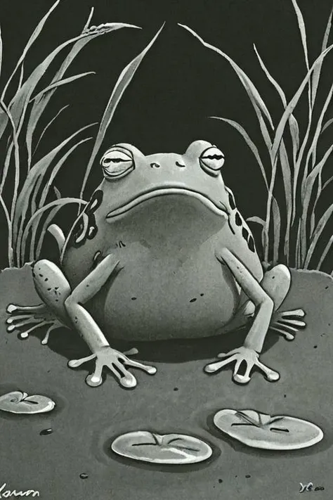 a black and white far side comic strip illustration of   a frog, by Gary Larson,<lora:Gary_Larson_Style_XL_BW_Far_Side-000009:1>