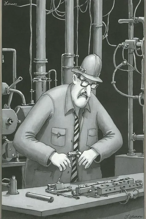 a black and white far side comic strip illustration of a Engineer at work, by Gary Larson,<lora:Gary_Larson_Style_XL_BW_Far_Side-000009:1>