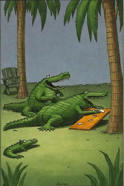 a color far side comic strip illustration of a alligator, by Gary Larson, <lora:Gary_Larson_Style_XL_Color_Far_side-000005:1>