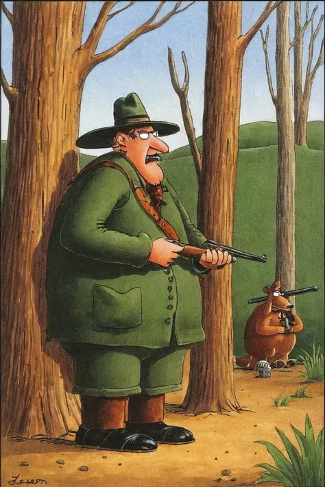 a color far side comic strip illustration of a hunter, by Gary Larson, <lora:Gary_Larson_Style_XL_Color_Far_side-000005:1>