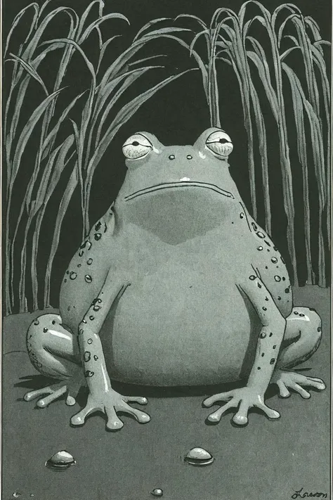 a black and white (line art, pen and ink) far side comic strip illustration of   a frog, by Gary Larson,<lora:Gary_Larson_Style_XL_BW_Far_Side-000009:1>