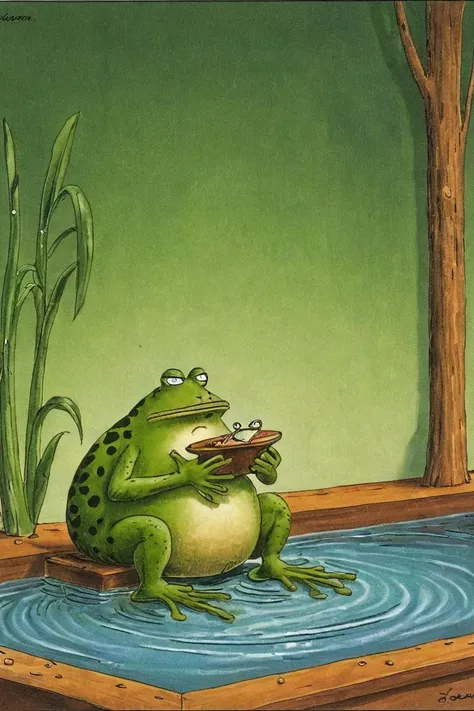 a color far side comic strip illustration of a frog, by Gary Larson, <lora:Gary_Larson_Style_XL_Color_Far_side-000005:1>