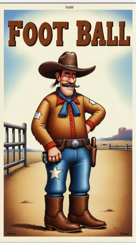 <lora:Gary_Larson_Style_XL_Color_Far_side:1> a cowboy with text that says "foot ball"