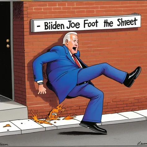 A gary larson color comic strip of Joe Biden falling down the street. Hillary Clinton secretly sticking her foot out tripping Joe Biden <lora:Gary_Larson_Style_XL_Color_Far_side:0.8>