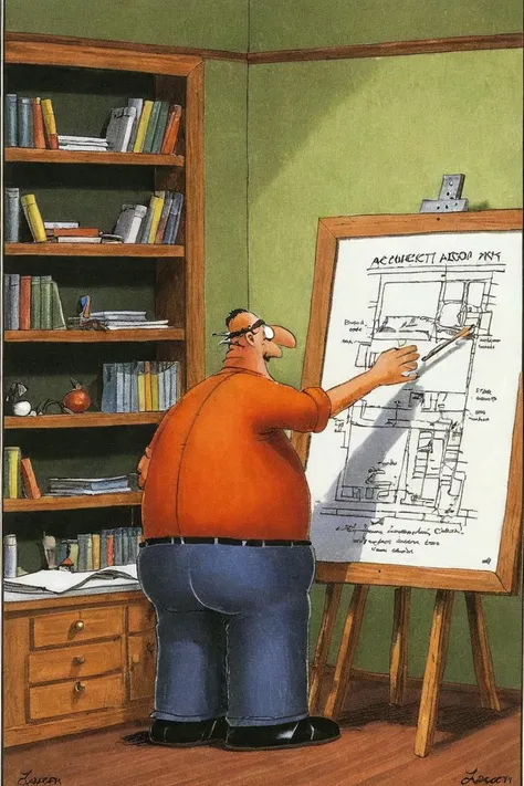 a color far side comic strip illustration of a Architect at work by Gary Larson, <lora:Gary_Larson_Style_XL_Color_Far_side-000005:1>