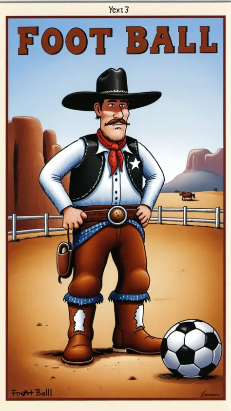 <lora:Gary_Larson_Style_XL_Color_Far_side:1> a cowboy with text that says "foot ball"