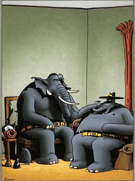 <lora:Gary_Larson_Style_XL_Color_Far_side-000005:1>comic, strip, far, side, gary, larson, cartoon,elephant batman
