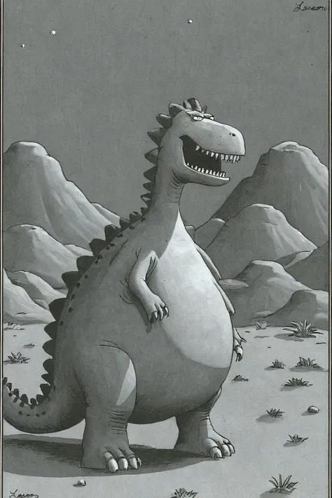 a black and white far side comic strip illustration of dinosaur, by Gary Larson,<lora:Gary_Larson_Style_XL_BW_Far_Side-000009:1>