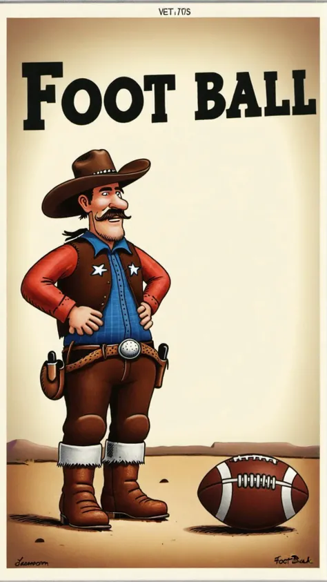 <lora:Gary_Larson_Style_XL_Color_Far_side:1> a cowboy with text that says "foot ball"