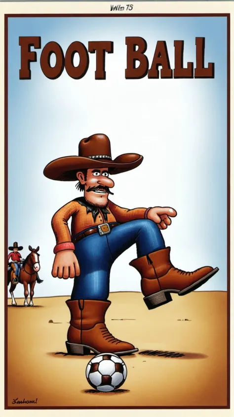 <lora:Gary_Larson_Style_XL_Color_Far_side:1> a cowboy with text that says "foot ball"