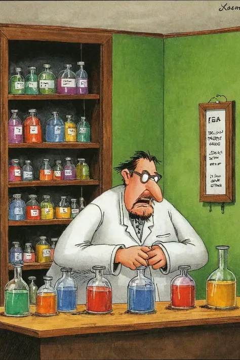 a color far side comic strip illustration of a chemist working with chemicals by Gary Larson, <lora:Gary_Larson_Style_XL_Color_Far_side-000005:1>