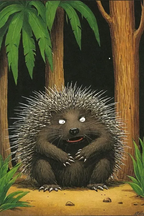 a color far side comic strip illustration of  a porcupine,  by Gary Larson, <lora:Gary_Larson_Style_XL_Color_Far_side-000005:1>