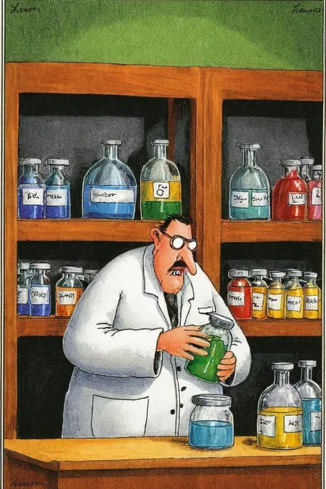 a color far side comic strip illustration of a chemist working with chemicals by Gary Larson, <lora:Gary_Larson_Style_XL_Color_Far_side-000005:1>