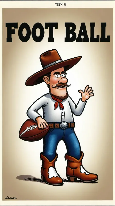 <lora:Gary_Larson_Style_XL_Color_Far_side:1> a cowboy with text that says "foot ball"