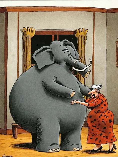 <lora:Gary_Larson_Style_XL_Color_Far_side-000005:1>comic, strip, far, side, gary, larson, cartoon, old woman dance with elephant