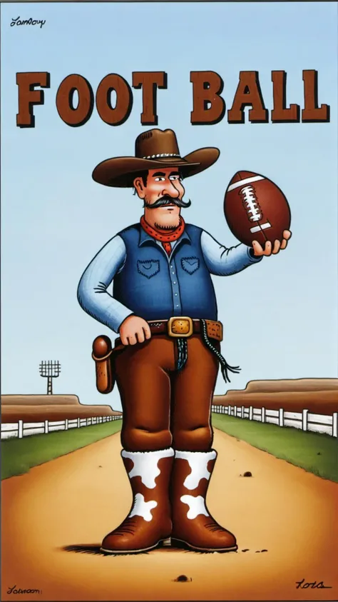 <lora:Gary_Larson_Style_XL_Color_Far_side:1> a cowboy with text that says "foot ball"