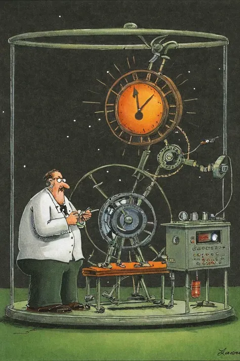 a color far side comic strip illustration of a scientists with his time machine by Gary Larson, <lora:Gary_Larson_Style_XL_Color_Far_side-000005:1>
