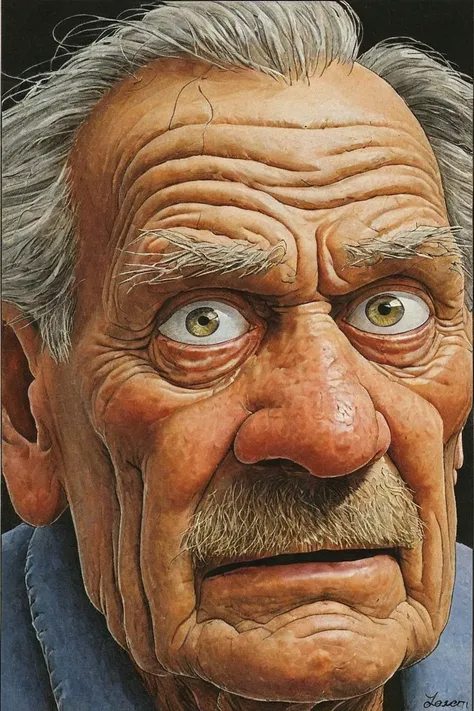 a color far side comic strip illustration of  a close up portrait of an old man with wrinkled skin by Gary Larson, <lora:Gary_Larson_Style_XL_Color_Far_side-000005:1>
