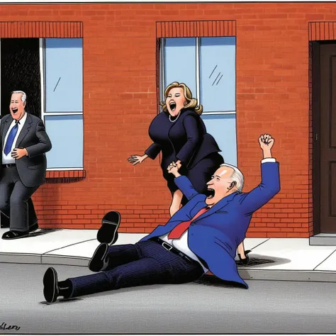 A gary larson color comic strip of Joe Biden falling down the street Hillary secretly sticking her foot out tripping Joe Biden <lora:Gary_Larson_Style_XL_Color_Far_side:0.8>