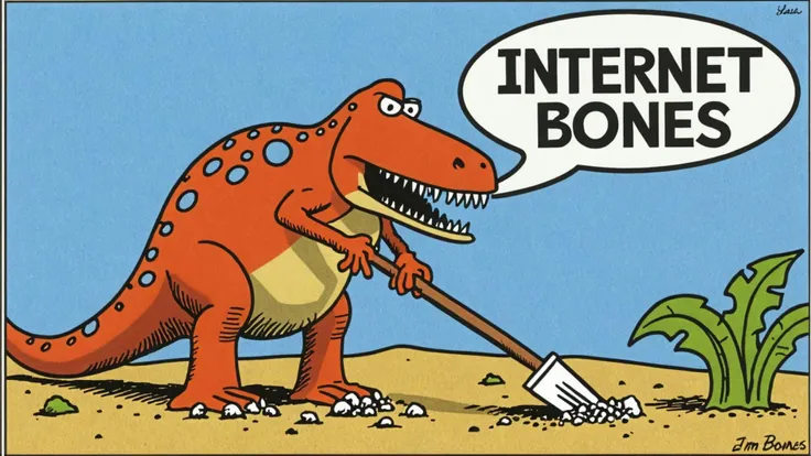 <lora:Gary_Larson_Style_XL_Color_Far_side:1> tyrannosaurus dinosaur with a shovel digs up internet bones with text bubble that says "internet bones" "Im gonna be rich"