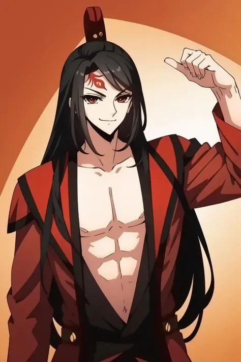 masterpiece, best quality, highres, ultra-detailed, male focus, detailed light and shadow, 1boy, black hair, long hair, straight hair, red eyes, phoenix feather tattoo on right head, pectoral cleavage, cute, <lora:langya:0.6>