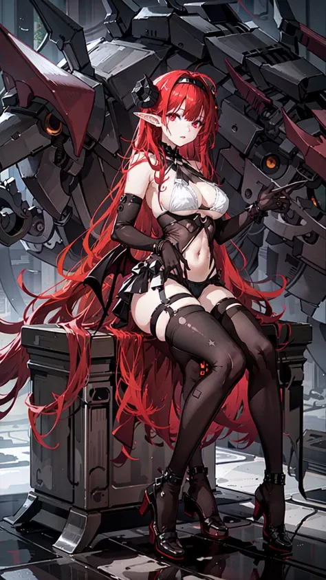 1girl, long hair, full body, horns, red hair, breasts, pointy ears, (white bikini:1.2), large breasts, solo, bangs, red eyes, demon horns, parted lips, ahoge, leotard, demon girl, hairband, covered navel, demon wings, frills, hair intakes, <lora:SMSHindenburgV2.0:0.7>, ironhindenburg, blue sky, (sitting, sitting on chair, legs crossed:1.2)