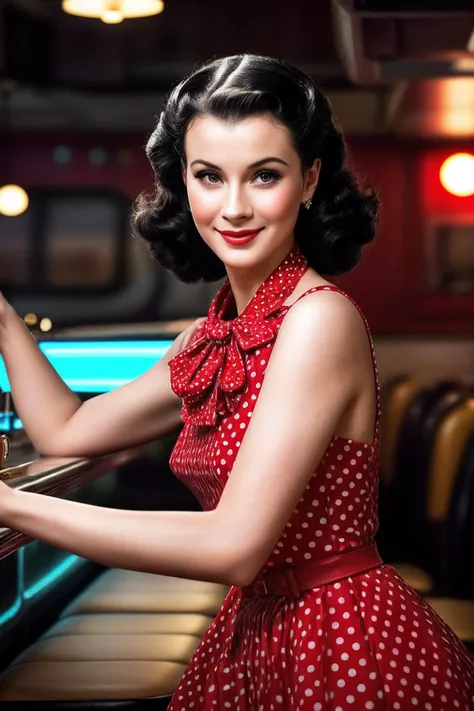 photo of VivienL_SoloTI_v1,
(happy, smile), a beautiful woman, (Rocking a figure-hugging retro dress with polka dot prints and a sweetheart neckline, paired with classic red pumps and a playful hair scarf), (Strutting through a nostalgic 1950s diner, with jukebox tunes filling the air and the aroma of sizzling burgers wafting from the kitchen, where every booth tells a story of retro charm and timeless allure: 1.3), photorealistic, masterpiece, high quality, artistic, unique, award winning photograph, professional, 8k, RAW photo, best quality,flattering,
<lora:add_detail:0.6>,<lora:LowRa:0>, PA7_Portrait-MCU,