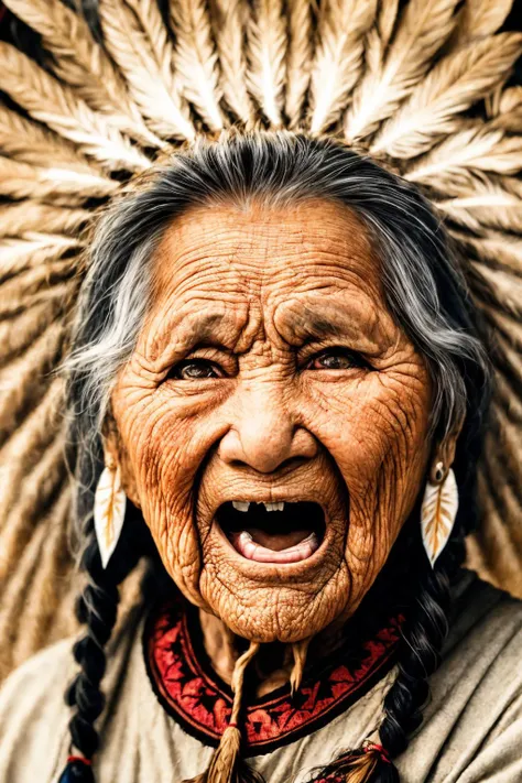 close-up photo portrait of a 100 yo old native american woman, grey hair, brown eyes, screaming face expression, twin braids, warbonnet, feathers, tribal, simple background