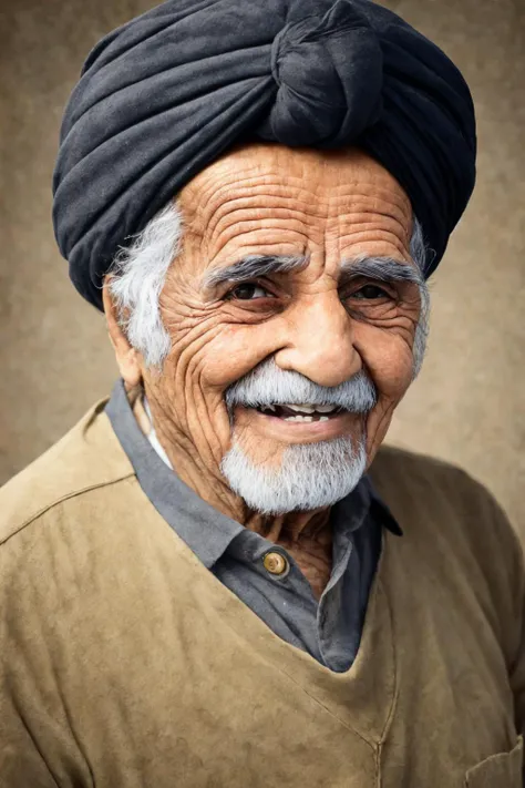 close-up photo portrait of a 80 yo aged Arab man, short grey hair, beard, black eyes, joyful face expression, turban, holding ak-47, military, simple background