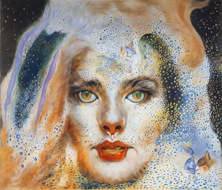 Salvador Dali, jumping cats, vivid color, colorful, in color, colored, raindow, red, blue, green, amazing, vivid, splashing water, surreal,
