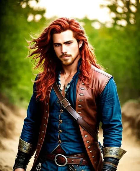 modelshoot style, (extremely detailed CG unity 8k wallpaper), full shot body photo of the most beautiful artwork in the world, young ruggedly handsome but joyful pirate, male, masculine, upper body, red hair, long hair,photorealistic photography, trending on ArtStation, trending on CGSociety, Intricate, High Detail, Sharp focus, dramatic, photorealistic photography shot on Canon EOS mark IV, f5.6, matte