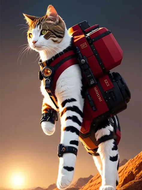 (extremely detailed CG octane render 8k wallpaper), full shot body photo of a (((sci-fi))) astronaut ((cat)), red details, gold details, bionic battle suit, a black hexagonal futuristic alien landscape in the background, ornate, shiny, polished, metallic, professional majestic oil painting by Ed Blinkey, Atey Ghailan, Studio Ghibli, by Jeremy Mann, Greg Manchess, Antonio Moro, trending on ArtStation, trending on CGSociety, Intricate, High Detail, Sharp focus, dramatic, by midjourney, realism, beautiful and detailed lighting, shadows, by Jeremy Lipking, by Antonio J. Manzanedo, by Frederic Remington, by HW Hansen, by Charles Marion Russell, by William Herbert Dunton