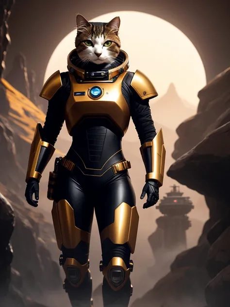 (extremely detailed CG octane render 8k wallpaper), full shot body photo of a (((sci-fi))) astronaut ((cat)), red details, gold details, bionic battle suit, a black hexagonal futuristic alien landscape in the background, ornate, shiny, polished, metallic, professional majestic oil painting by Ed Blinkey, Atey Ghailan, Studio Ghibli, by Jeremy Mann, Greg Manchess, Antonio Moro, trending on ArtStation, trending on CGSociety, Intricate, High Detail, Sharp focus, dramatic, by midjourney, realism, beautiful and detailed lighting, shadows, by Jeremy Lipking, by Antonio J. Manzanedo, by Frederic Remington, by HW Hansen, by Charles Marion Russell, by William Herbert Dunton