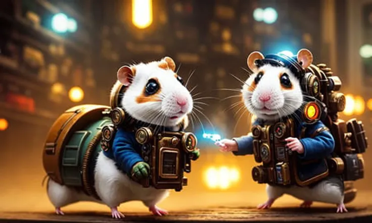 a cyborg hamster with an electronic chip at giant mechawarestore, steampunk, digital painting, by greg rutkowski, 8k, detailed