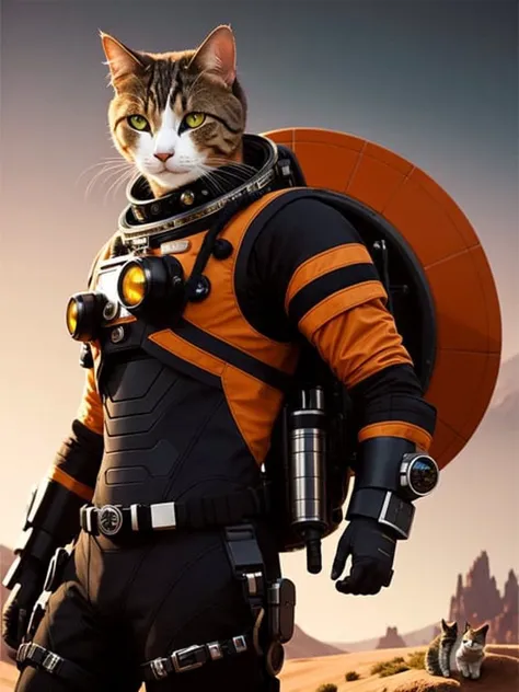 (extremely detailed CG octane render 8k wallpaper), full shot body photo of a (((sci-fi))) astronaut ((cat)), red details, gold details, bionic battle suit, a black hexagonal futuristic alien landscape in the background, ornate, shiny, polished, metallic, professional majestic oil painting by Ed Blinkey, Atey Ghailan, Studio Ghibli, by Jeremy Mann, Greg Manchess, Antonio Moro, trending on ArtStation, trending on CGSociety, Intricate, High Detail, Sharp focus, dramatic, by midjourney, realism, beautiful and detailed lighting, shadows, by Jeremy Lipking, by Antonio J. Manzanedo, by Frederic Remington, by HW Hansen, by Charles Marion Russell, by William Herbert Dunton