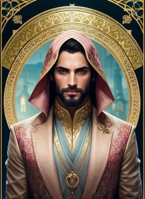 modelshoot style (symmetry:1.1) (portrait of floral:1.05) a man as a handsome god, (assassins creed style:0.8), pink and gold and opal color scheme, bold intricate filegrid facepaint, intricate, elegant, highly detailed, digital painting, artstation, concept art, smooth, sharp focus, illustration, art by greg rutkowski and alphonse mucha, 8k