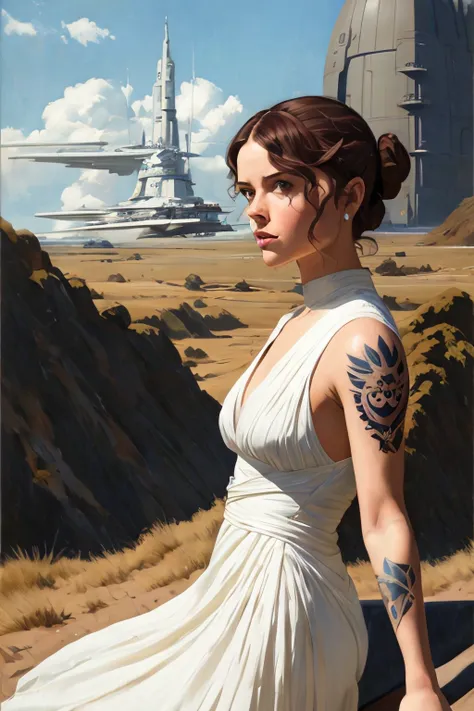 Felicity jones as Jyn erso in sexy futuristic space gown ((tattoos)), on the deathstar oil painting by the brothers hildebrandt, ralph mcquarrie, Ed Blinkey, Atey Ghailan, Studio Ghibli, by Jeremy Mann, Greg Manchess, Antonio Moro, trending on ArtStation, trending on CGSociety, Intricate, High Detail, Sharp focus, dramatic, photorealistic painting art by midjourney and greg rutkowski