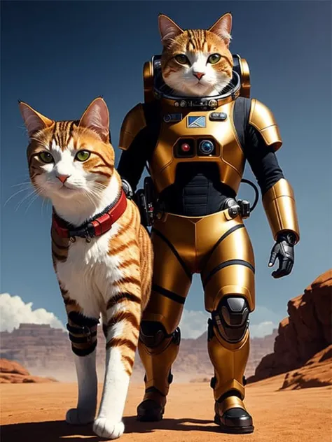 (extremely detailed CG octane render 8k wallpaper), full shot body photo of a (((sci-fi))) astronaut ((cat)), red details, gold details, bionic battle suit, a black hexagonal futuristic alien landscape in the background, ornate, shiny, polished, metallic, professional majestic oil painting by Ed Blinkey, Atey Ghailan, Studio Ghibli, by Jeremy Mann, Greg Manchess, Antonio Moro, trending on ArtStation, trending on CGSociety, Intricate, High Detail, Sharp focus, dramatic, by midjourney, realism, beautiful and detailed lighting, shadows, by Jeremy Lipking, by Antonio J. Manzanedo, by Frederic Remington, by HW Hansen, by Charles Marion Russell, by William Herbert Dunton